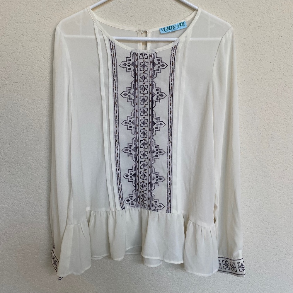 dina be brand Cream Long Sleeve Blouse with Deep Purple Embroidery Womens Medium